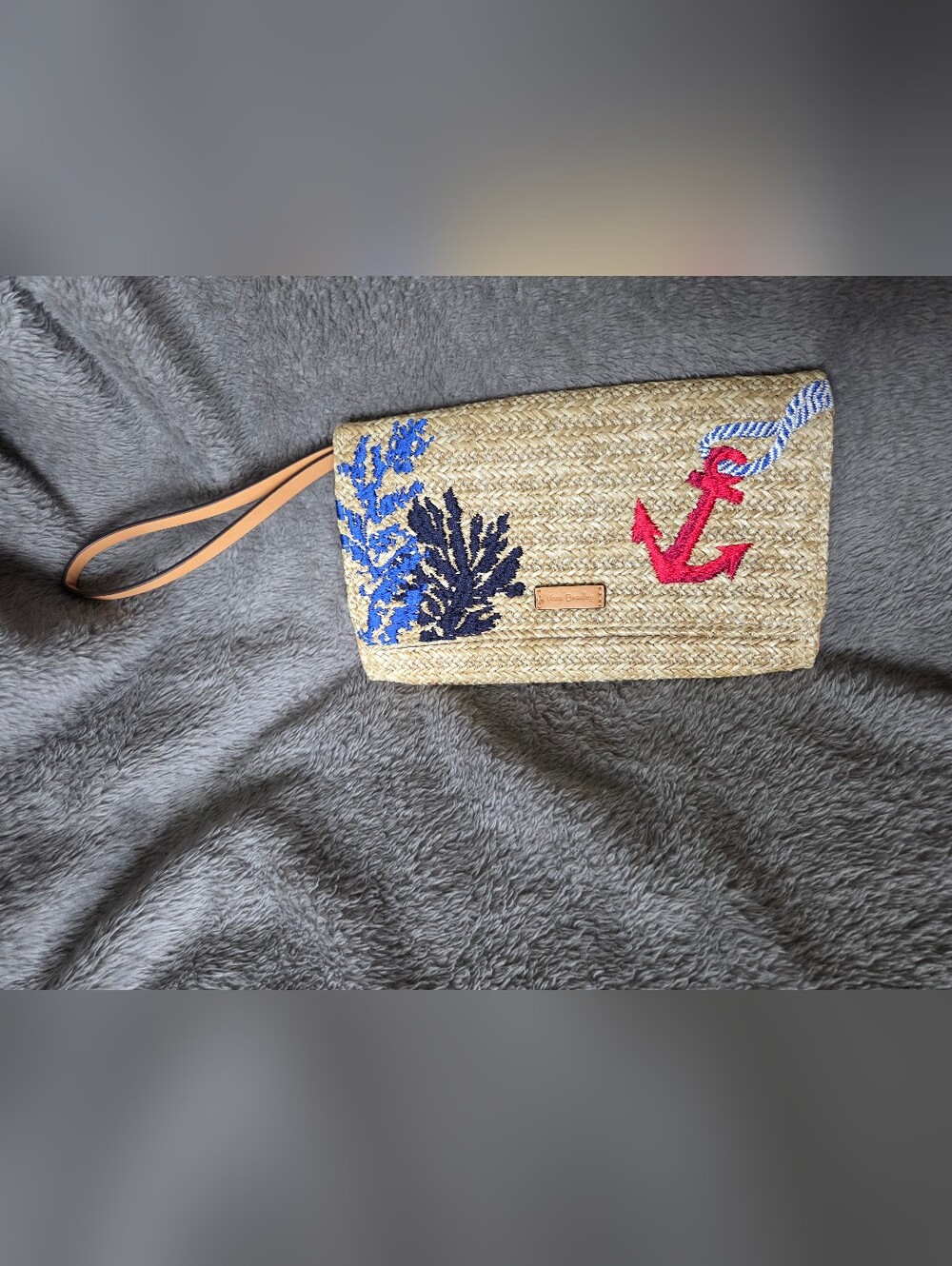 Vera Bradley Straw Wristlet with Blue and Pink Anchored Embroidery
